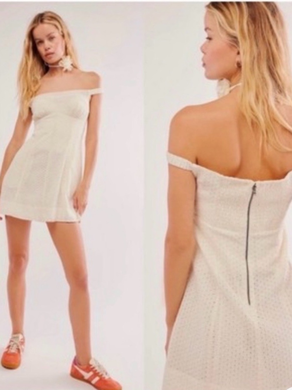Free People Berry Kiss Eyelet Mini Dress in Ivory medium with pockets!